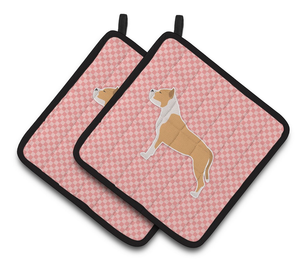 Picture of Carolines Treasures BB3654PTHD Staffordshire Bull Terrier Checkerboard Pink Pair of Pot Holders