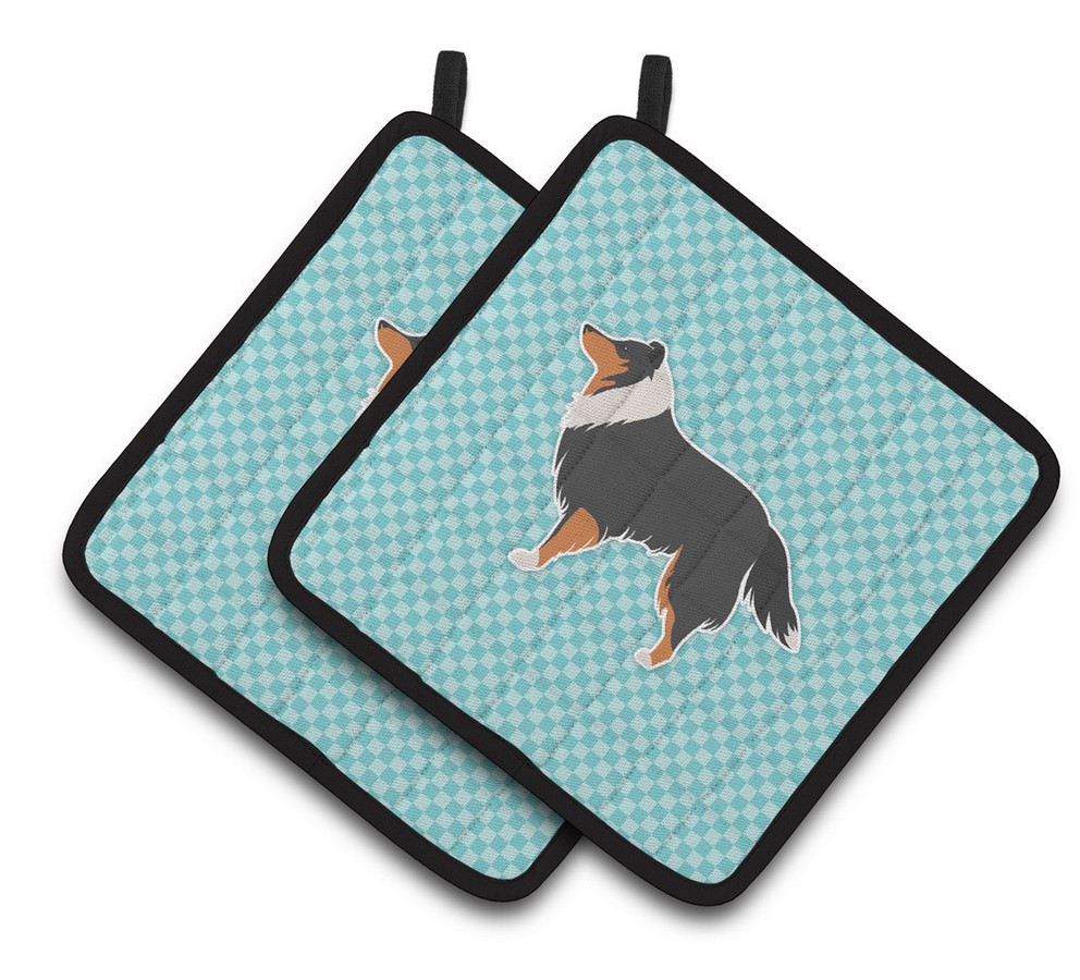 Picture of Carolines Treasures BB3730PTHD Sheltie & Shetland Sheepdog Checkerboard Blue Pair of Pot Holders