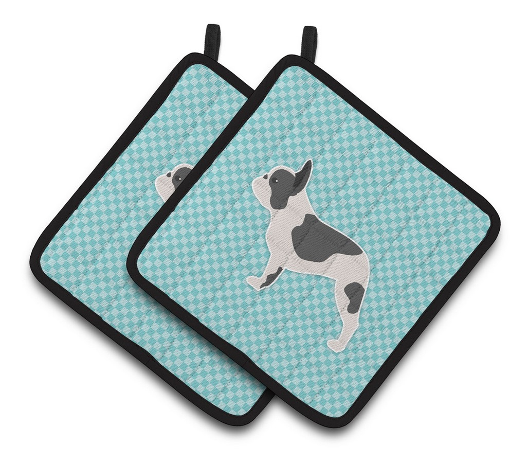 Picture of Carolines Treasures BB3741PTHD French Bulldog Checkerboard Blue Pair of Pot Holders