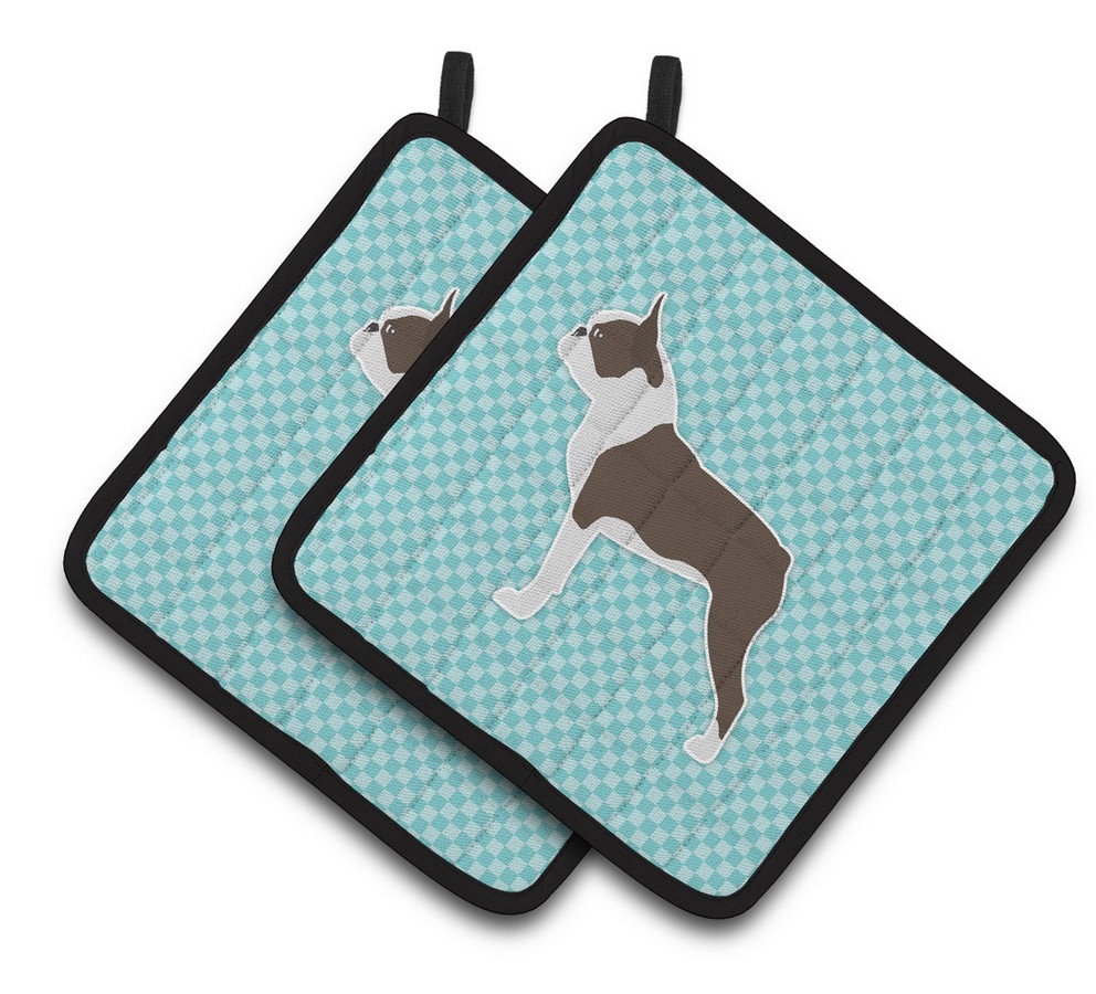 Picture of Carolines Treasures BB3744PTHD Boston Terrier Checkerboard Blue Pair of Pot Holders