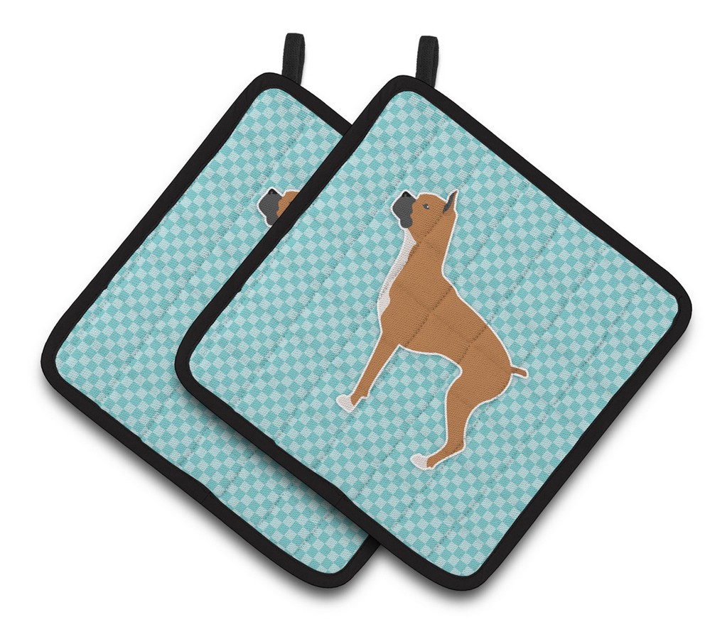 Picture of Carolines Treasures BB3753PTHD Boxer Checkerboard Blue Pair of Pot Holders