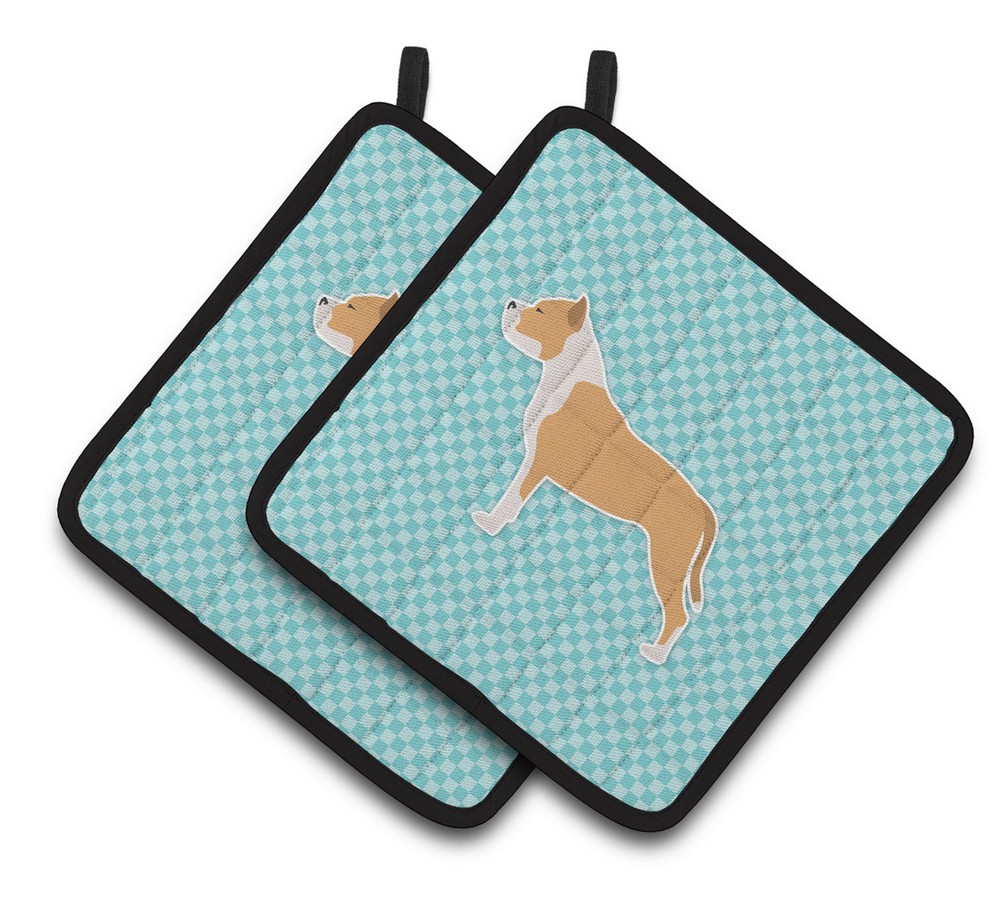 Picture of Carolines Treasures BB3754PTHD Staffordshire Bull Terrier Checkerboard Blue Pair of Pot Holders