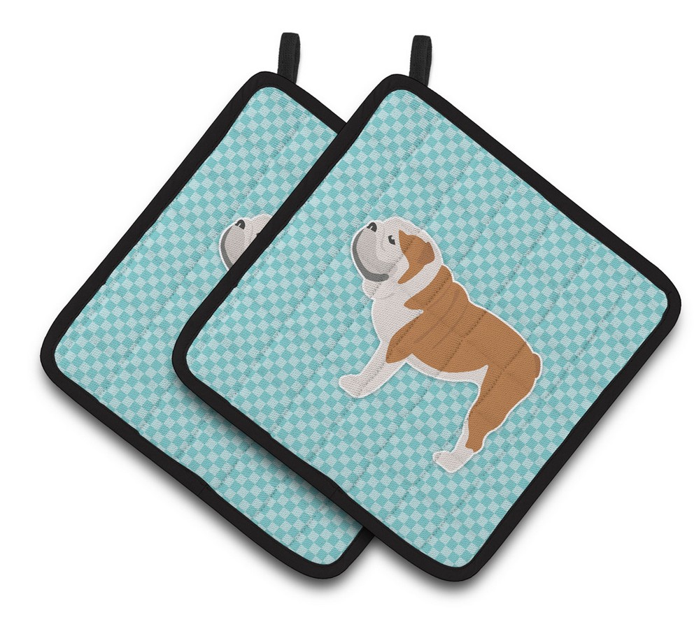 Picture of Carolines Treasures BB3762PTHD English Bulldog Checkerboard Blue Pair of Pot Holders