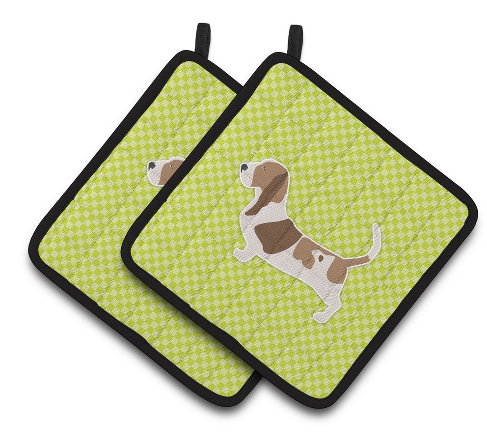 Picture of Carolines Treasures BB3802PTHD Basset Hound Checkerboard Green Pair of Pot Holders