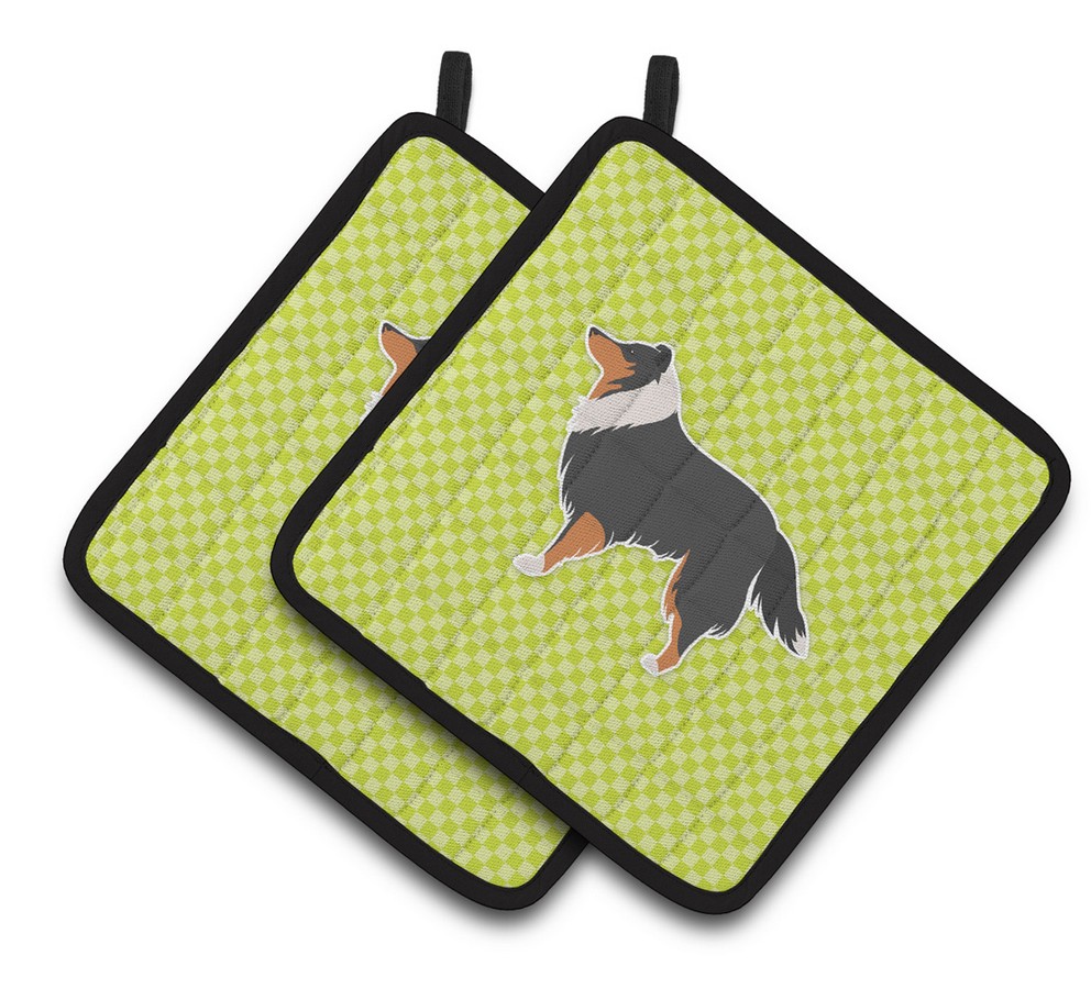 Picture of Carolines Treasures BB3830PTHD Sheltie & Shetland Sheepdog Checkerboard Green Pair of Pot Holders
