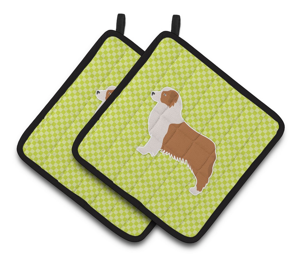 Picture of Carolines Treasures BB3833PTHD Australian Shepherd Dog Checkerboard Green Pair of Pot Holders