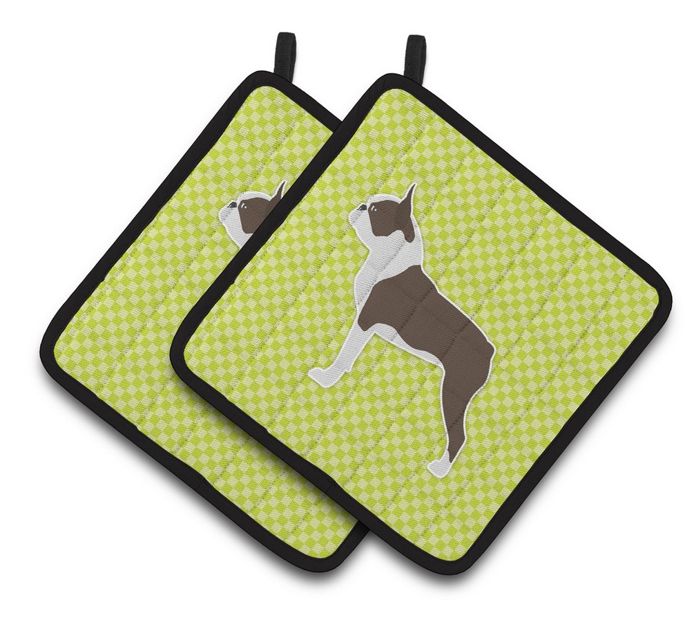 Picture of Carolines Treasures BB3844PTHD Boston Terrier Checkerboard Green Pair of Pot Holders