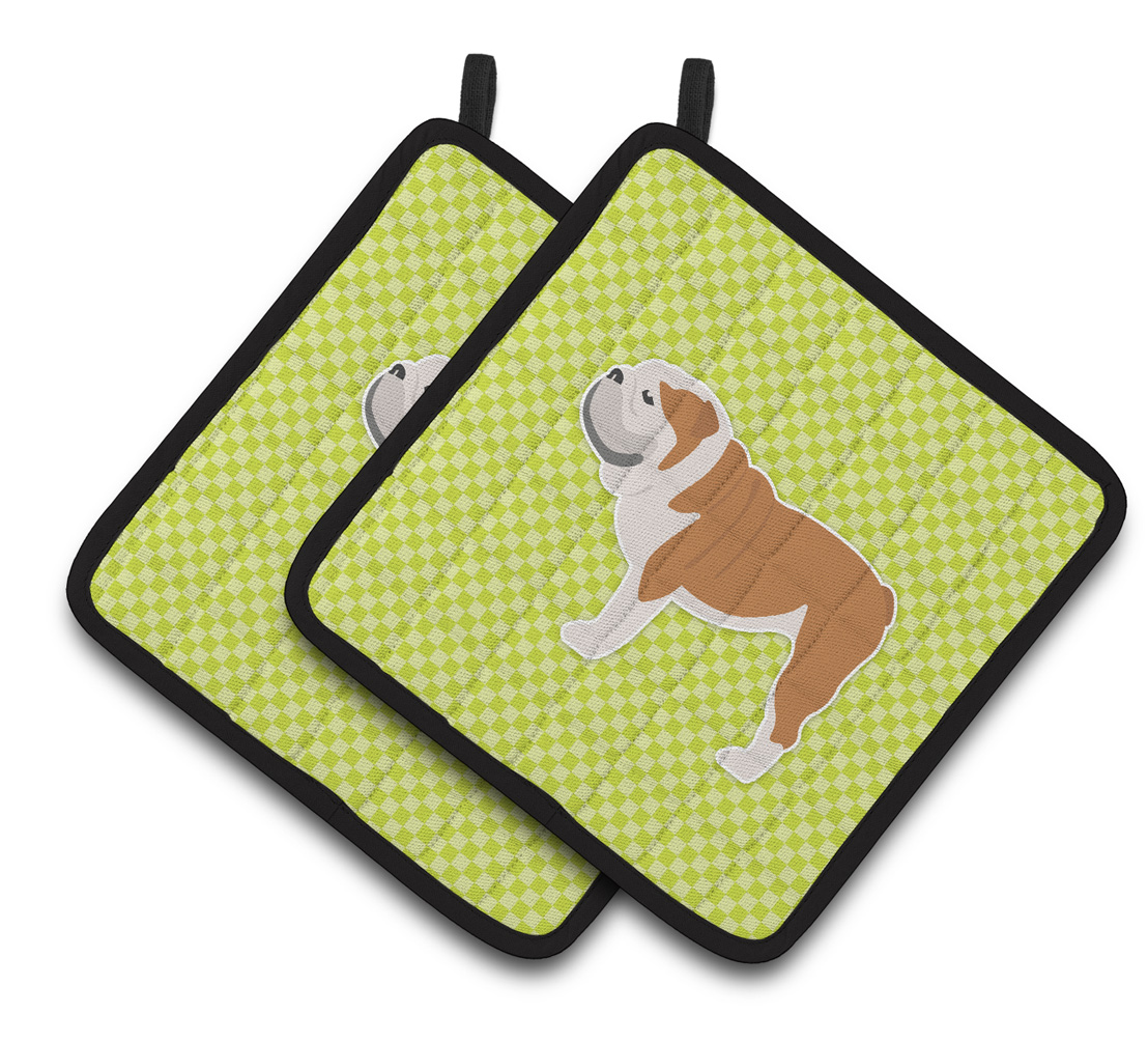 Picture of Carolines Treasures BB3862PTHD English Bulldog Checkerboard Green Pair of Pot Holders
