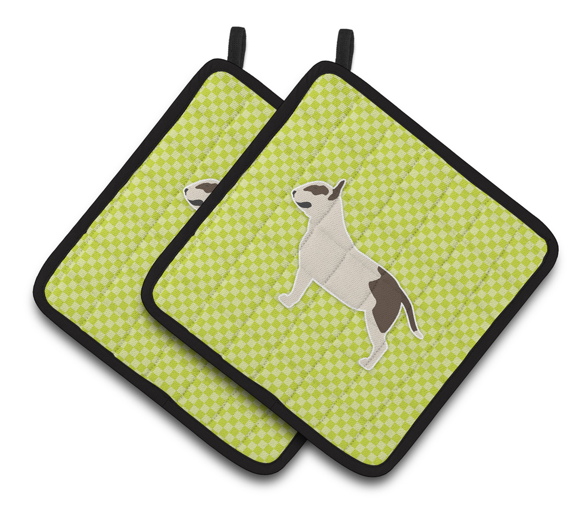 Picture of Carolines Treasures BB3878PTHD Bull Terrier Checkerboard Green Pair of Pot Holders