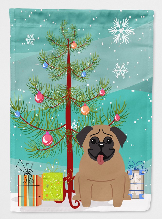 Merry Christmas Tree Pug Brown Flag Garden Size
