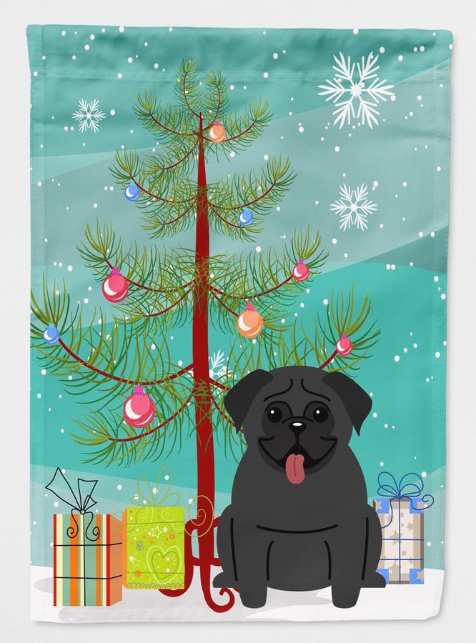 Merry Christmas Tree Pug Black Flag Garden Size
