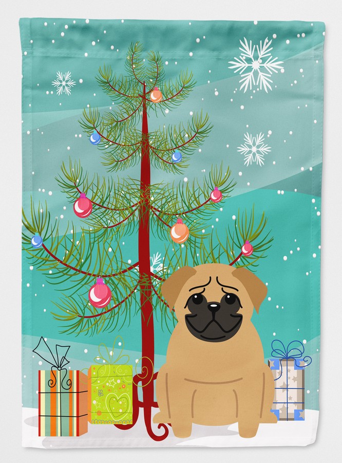 Merry Christmas Tree Pug Brown Flag Garden Size