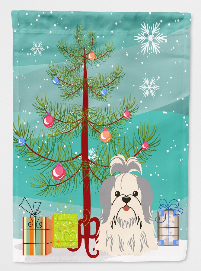 Merry Christmas Tree Shih Tzu Silver & White Flag Garden Size