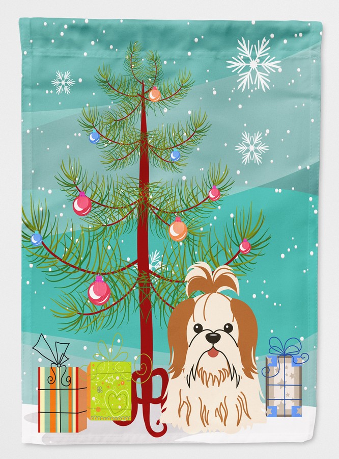 Merry Christmas Tree Shih Tzu Red & White Flag Garden Size