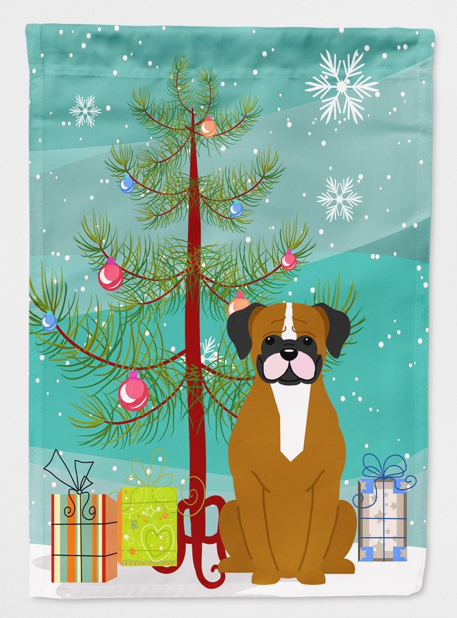 Merry Christmas Tree Flashy Fawn Boxer Flag Garden Size