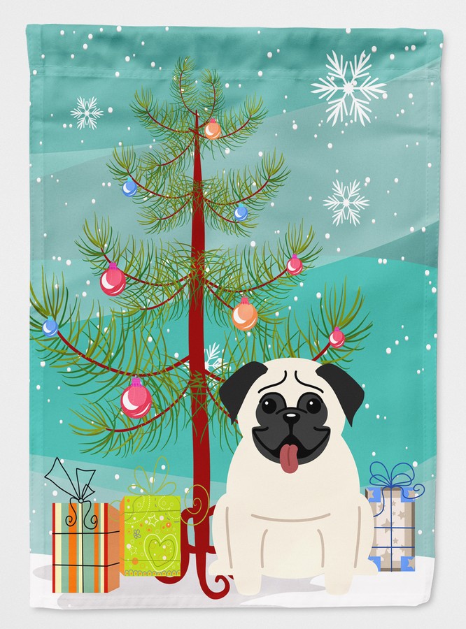 Merry Christmas Tree Pug Cream Flag Canvas House Size