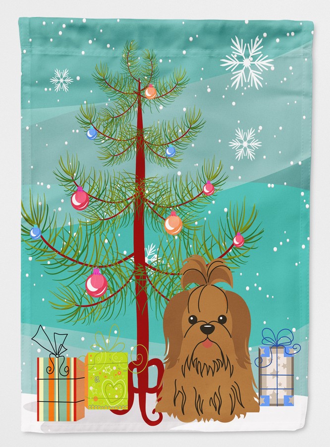Merry Christmas Tree Shih Tzu Silver & Chocolate Flag Canvas House Size