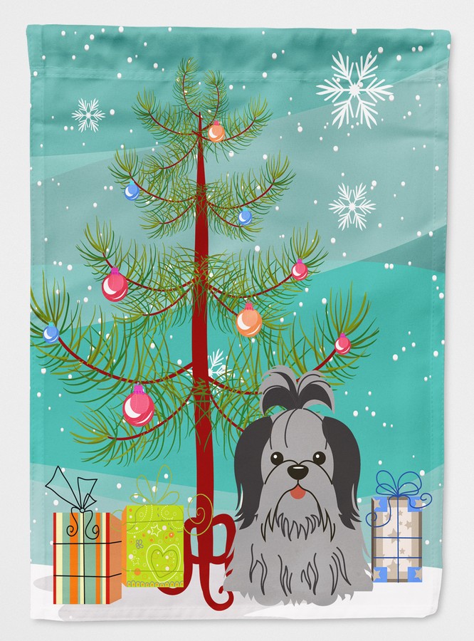 Merry Christmas Tree Shih Tzu Black & Silver Flag Canvas House Size