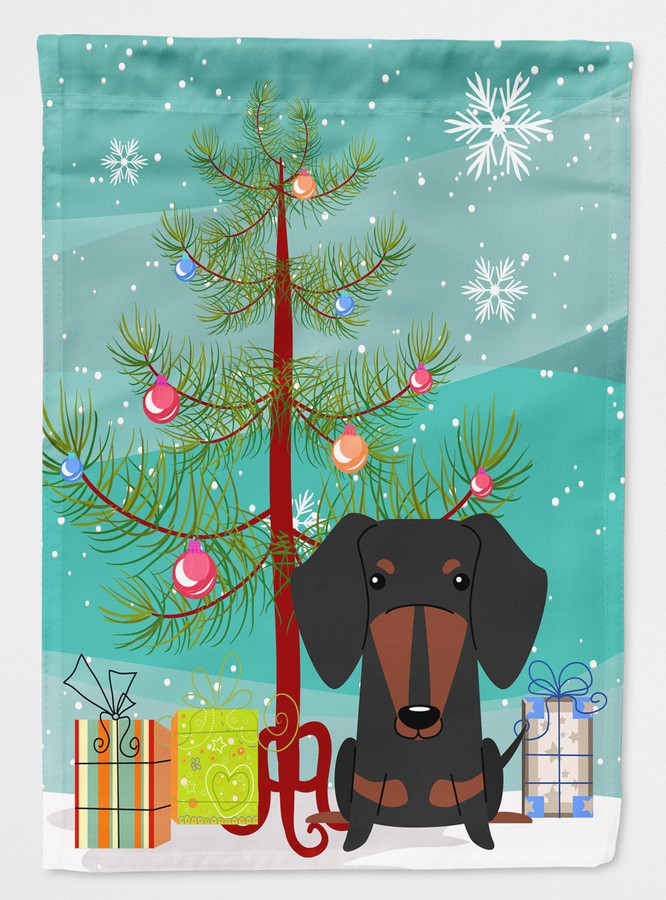 BB4257CHF Merry Christmas Tree Dachshund Black & Tan Flag Canvas House Size