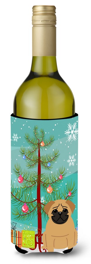 Merry Christmas Tree Pug Brown Wine Bottle Beverge Insulator Hugger