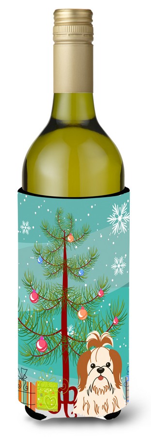 Merry Christmas Tree Shih Tzu Red & White Wine Bottle Beverge Insulator Hugger