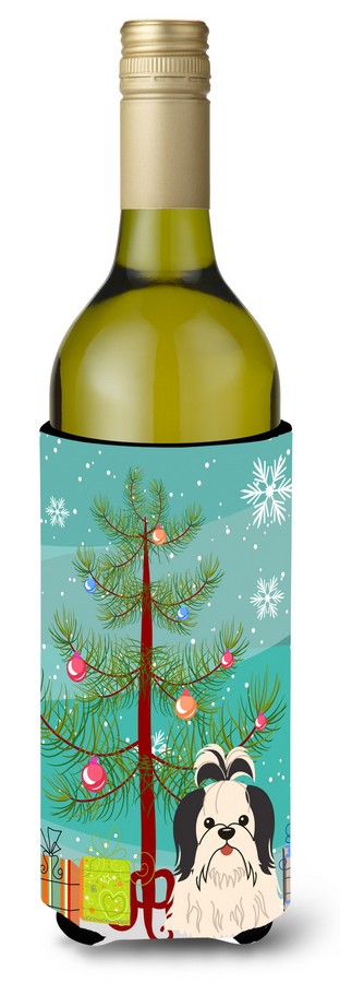 Merry Christmas Tree Shih Tzu Black & White Wine Bottle Beverge Insulator Hugger