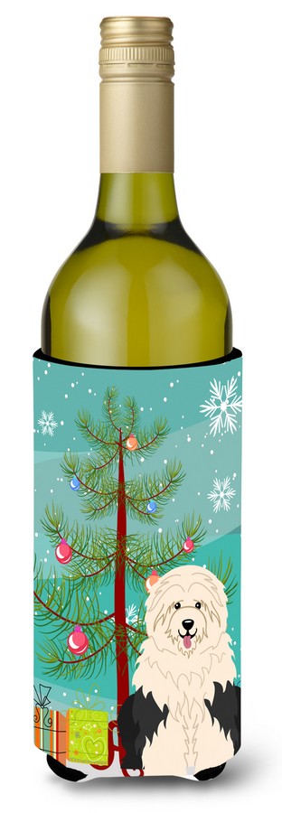 Merry Christmas Tree Old English Sheepdog Wine Bottle Beverge Insulator Hugger