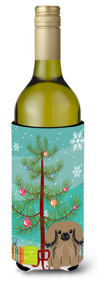 Merry Christmas Tree Pekingnese Tan Wine Bottle Beverge Insulator Hugger