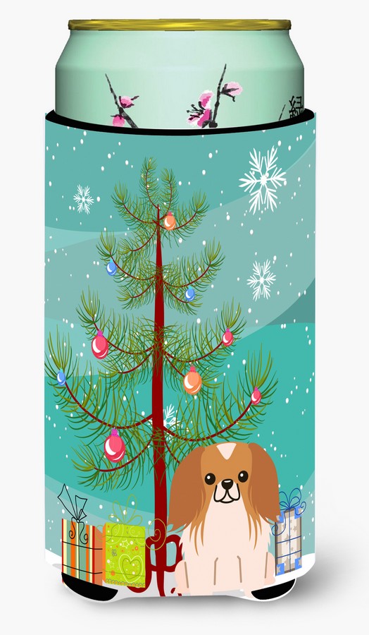 Merry Christmas Tree Pekingnese Red & White Tall Boy Beverage Insulator Hugger