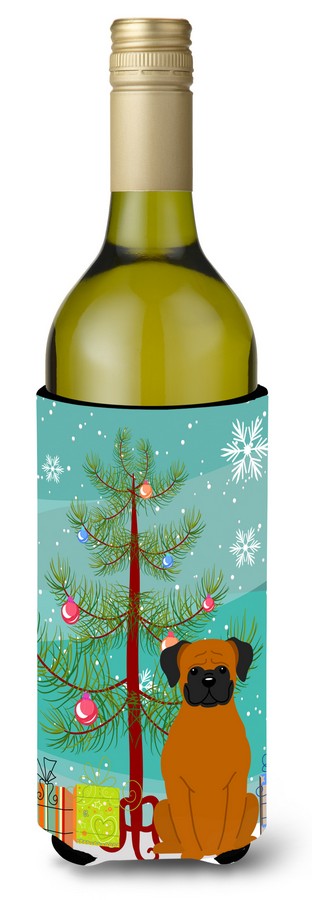 Picture of Carolines Treasures BB4240LITERK Merry Christmas Tree Fawn Boxer Wine Bottle Beverge Insulator Hugger