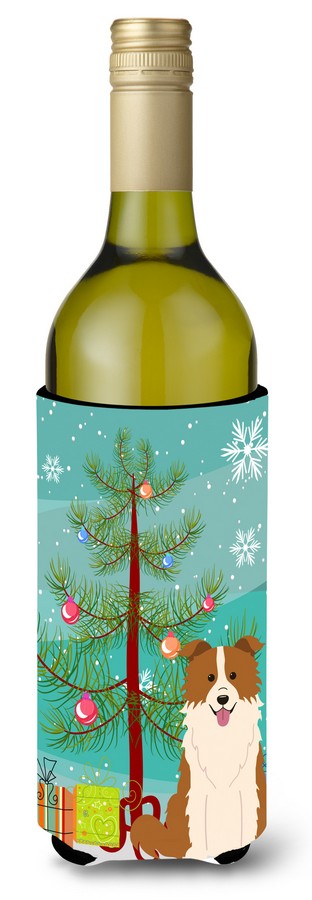 Merry Christmas Tree Border Collie Red & White Wine Bottle Beverge Insulator Hugger
