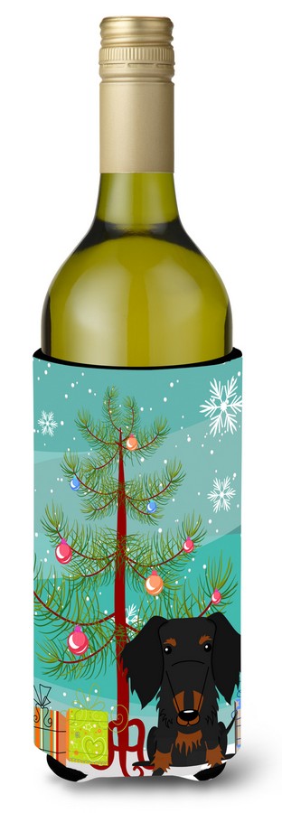 BB4252LITERK Merry Christmas Tree Wire Haired Dachshund Black & Tan Wine Bottle Beverge Insulator Hugger
