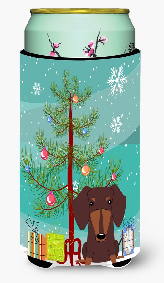 Merry Christmas Tree Dachshund Chocolate Tall Boy Beverage Insulator Hugger