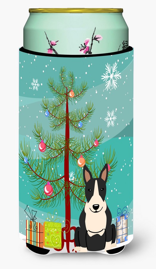 Picture of Carolines Treasures BB4258TBC Merry Christmas Tree Bull Terrier Black & White Tall Boy Beverage Insulator Hugger