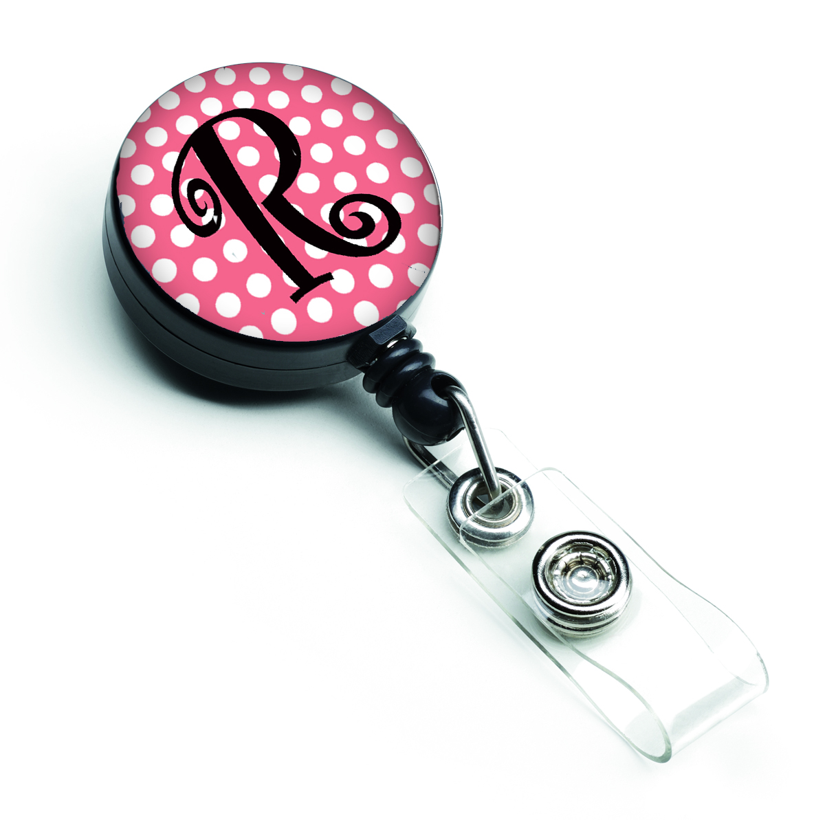 Letter R Monogram - Pink Black Polka Dots Retractable Badge Reel
