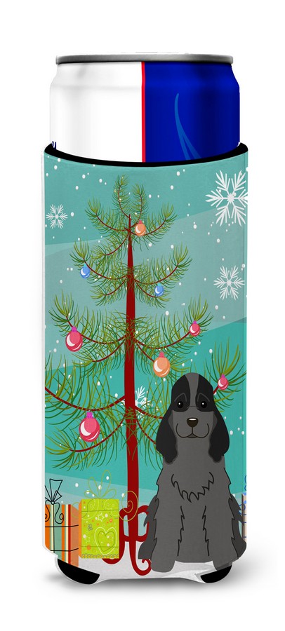 Picture of Carolines Treasures BB4217MUK Merry Christmas Tree Cocker Spaniel Black Michelob Ultra Hugger for Slim Cans