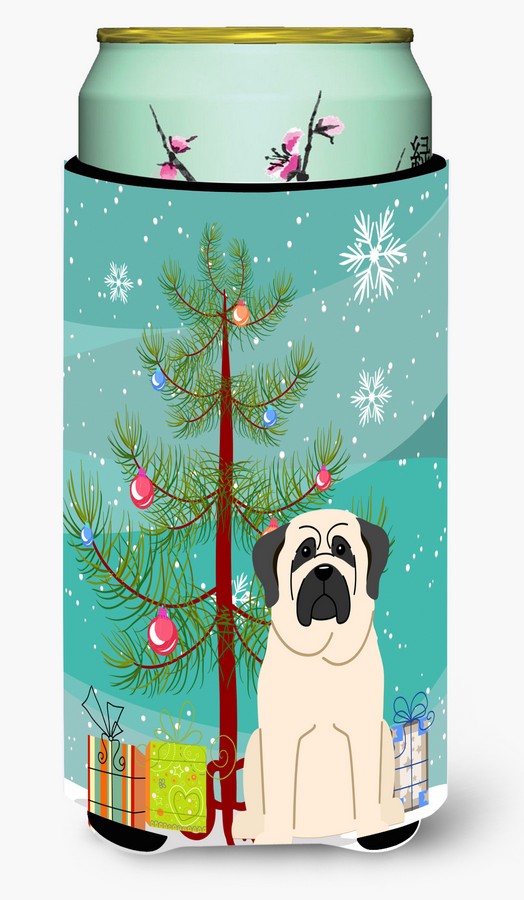 Merry Christmas Tree Mastiff White Tall Boy Beverage Insulator Hugger