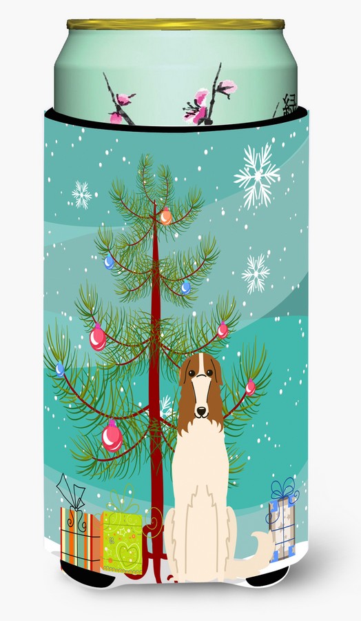 Merry Christmas Tree Borzoi Tall Boy Beverage Insulator Hugger