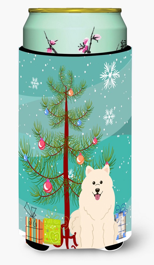 Merry Christmas Tree Samoyed Tall Boy Beverage Insulator Hugger