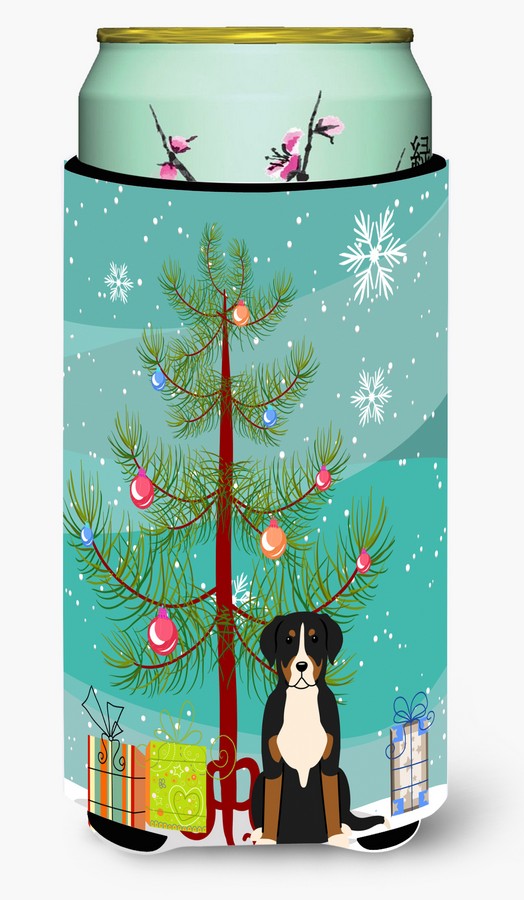 Merry Christmas Tree Greater Swiss Mountain Dog Tall Boy Beverage Insulator Hugger