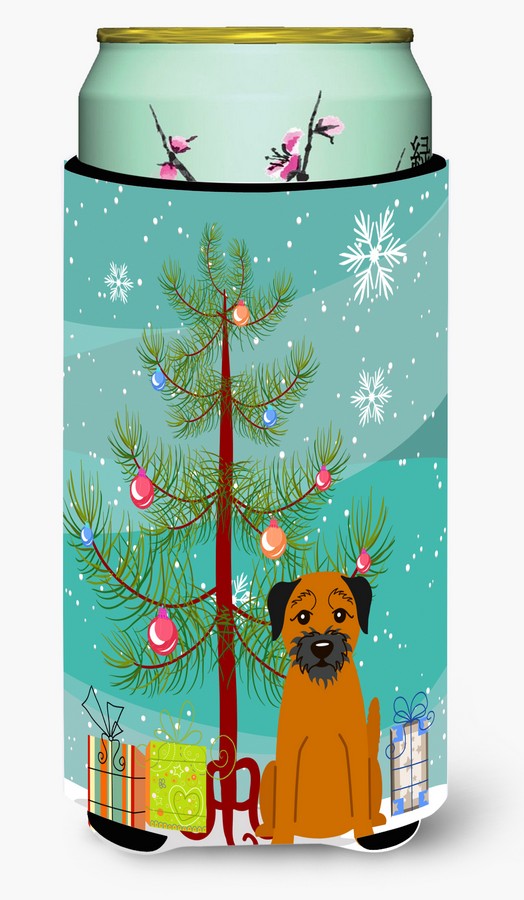 Merry Christmas Tree Border Terrier Tall Boy Beverage Insulator Hugger