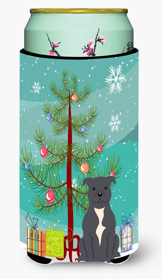 Merry Christmas Tree Staffordshire Bull Terrier Blue Tall Boy Beverage Insulator Hugger
