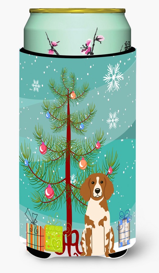 Merry Christmas Tree Brittany Spaniel Tall Boy Beverage Insulator Hugger