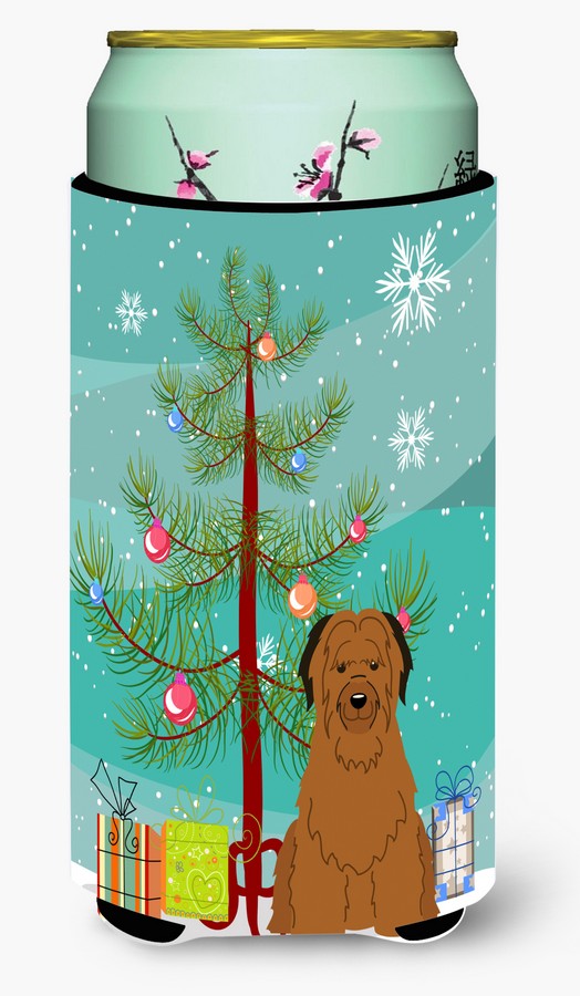 Merry Christmas Tree Briard Brown Tall Boy Beverage Insulator Hugger