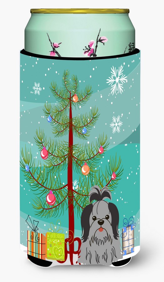 Merry Christmas Tree Shih Tzu Black & Silver Tall Boy Beverage Insulator Hugger