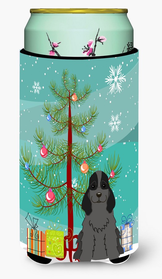 Merry Christmas Tree Cocker Spaniel Black Tall Boy Beverage Insulator Hugger
