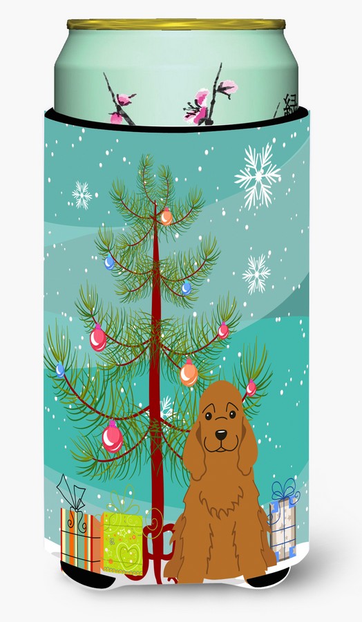 Merry Christmas Tree Cocker Spaniel Red Tall Boy Beverage Insulator Hugger