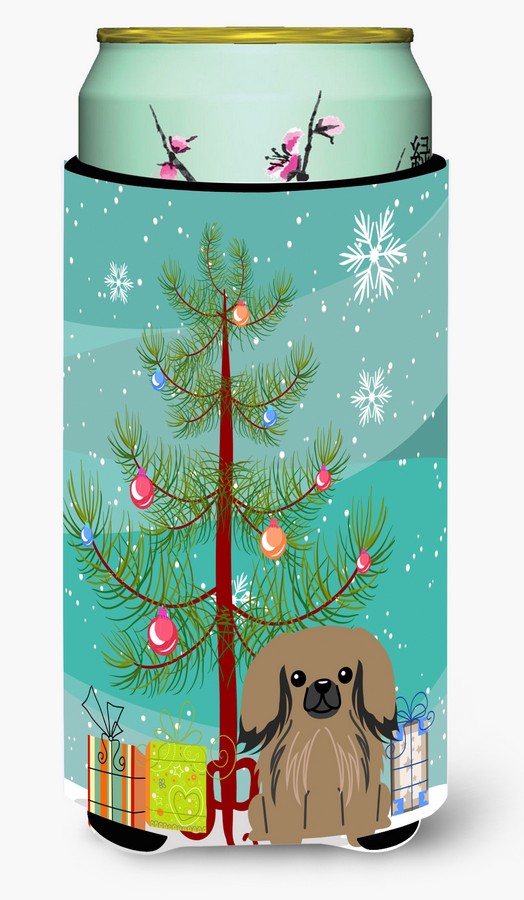 Merry Christmas Tree Pekingnese Tan Tall Boy Beverage Insulator Hugger