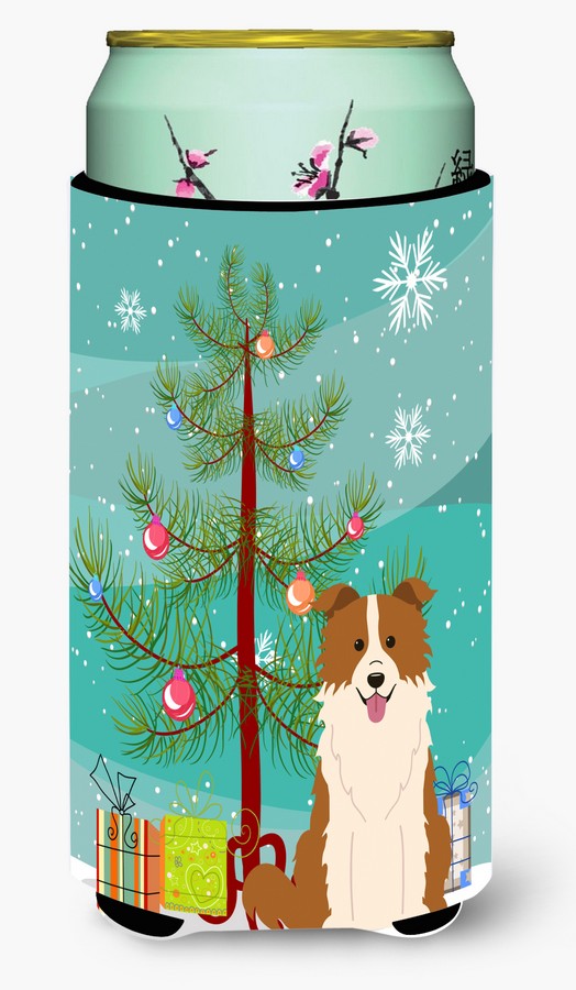 Merry Christmas Tree Border Collie Red & White Tall Boy Beverage Insulator Hugger