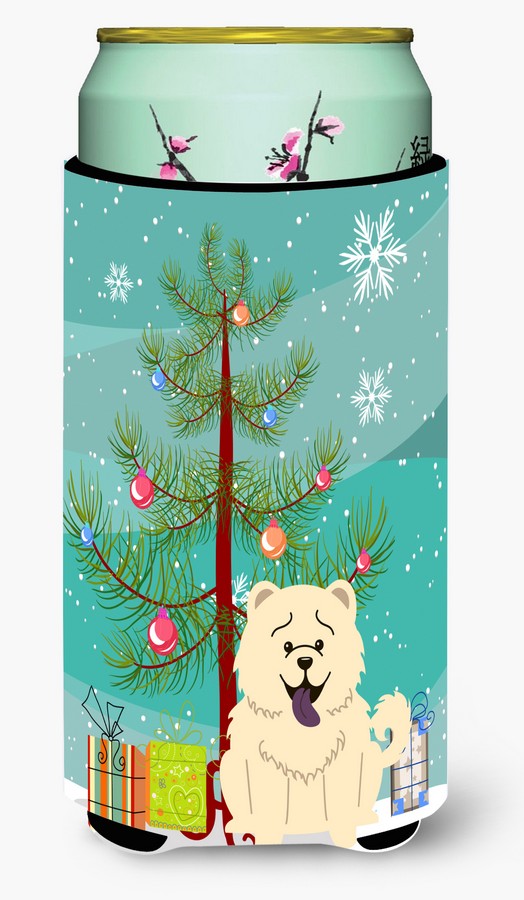 Merry Christmas Tree Chow Chow White Tall Boy Beverage Insulator Hugger